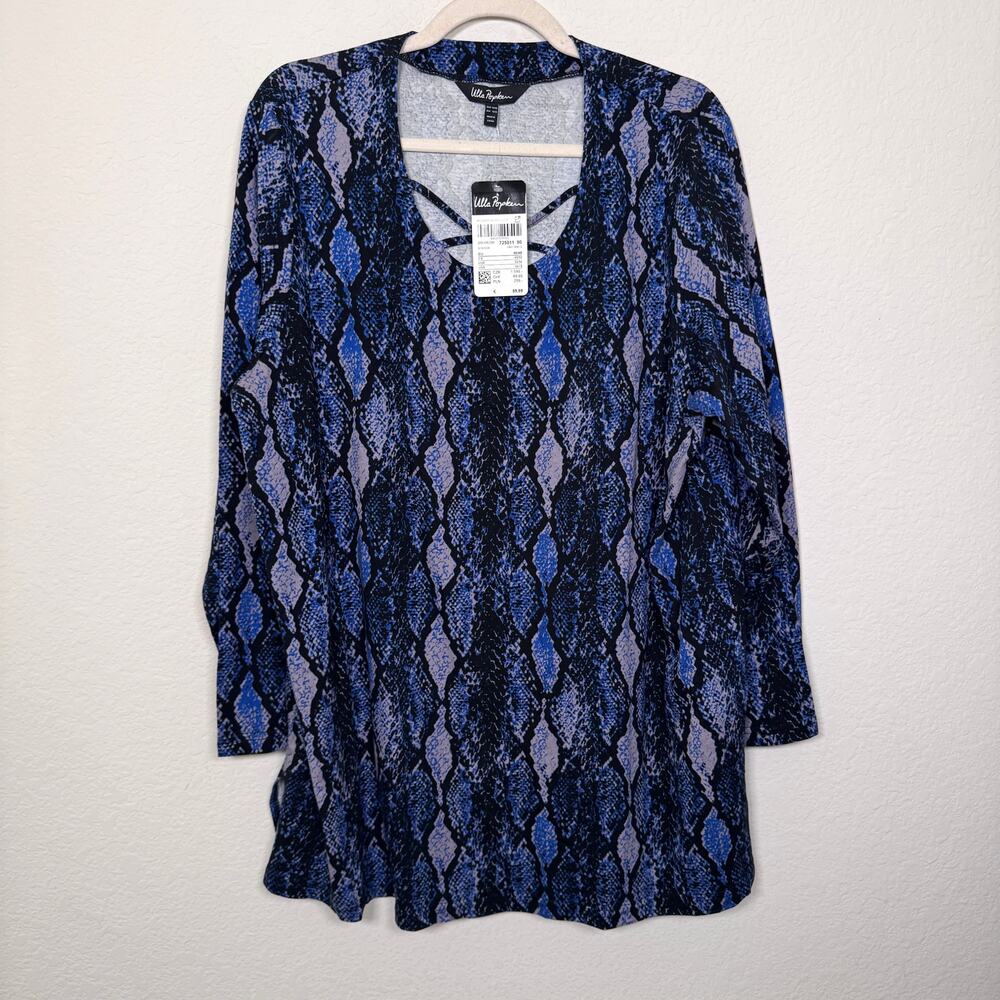 Ulla Popken Womens Blouse Tunic Top Sz 16 / 18 100% Cotton Snake Print Bold Blue